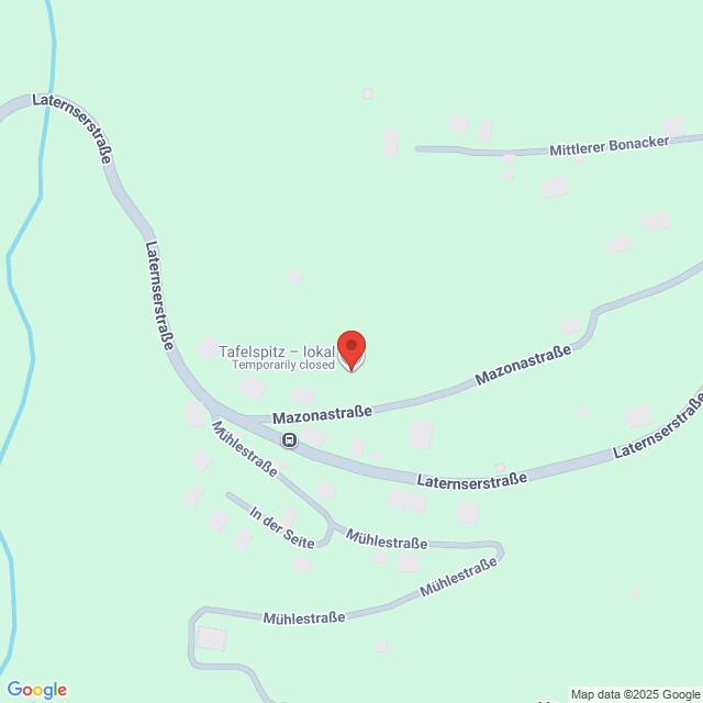Lehrlingsportal.at Eine Karte, die die Lage des Tafelspitz-Lokals in der Mazonastraße zeigt, das als vorübergehend geschlossen gekennzeichnet ist, mit Beschriftung der umliegenden Straßen.