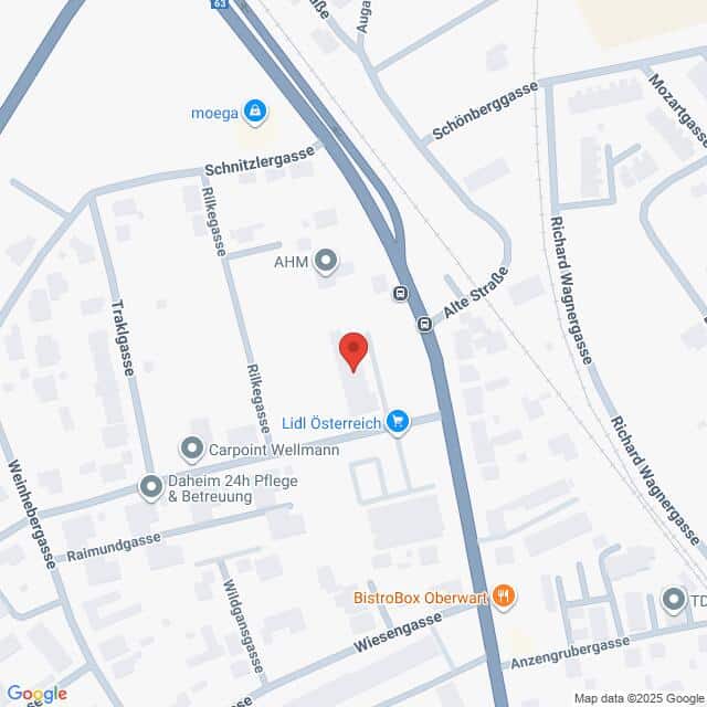 Lehrlingsportal.at Die Karte zeigt einen mit einer roten Stecknadel markierten Standort in der Nähe von Lidl Österreich in der Rilkegasse, umgeben von verschiedenen Straßen und Geschäften in Oberwart, Österreich.