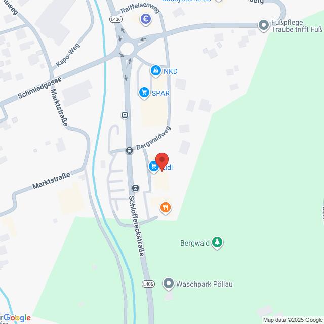 Lehrlingsportal.at Eine digitale Karte mit dem Standort von Lidl in Pöllau, Österreich, hervorgehoben durch eine rote Markierung, mit Beschriftung der umliegenden Straßen und Geschäfte.