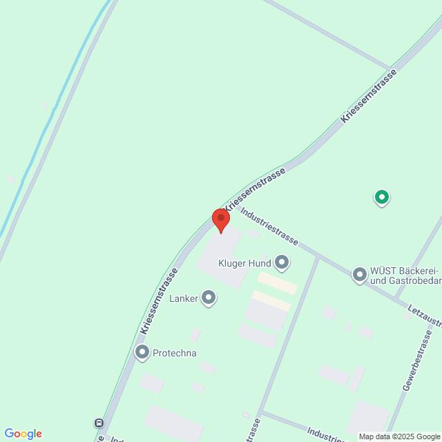 Lehrlingsportal.at Die Karte zeigt eine Stecknadel, die an der Kreuzung Kiesstraße/Industriestraße abgeworfen wurde, und die Beschriftung der umliegenden Geschäfte, darunter Protecha, Kluger Hund und WÜST Bäckerei.