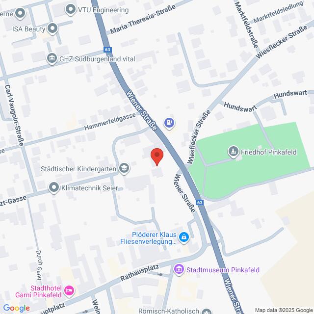 Lehrlingsportal.at Karte eines Teils von Pinkafeld, Österreich, mit hervorgehobener Wiener Straße und Wiesflecker Straße sowie verschiedenen Geschäften, Sehenswürdigkeiten und Straßenbeschriftungen.
