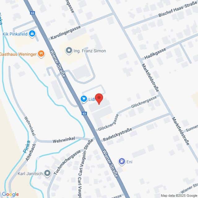 Lehrlingsportal.at Die Karte zeigt einen Abschnitt der Wiener Straße in Pinkafeld, Österreich, mit nahe gelegenen Straßen und Sehenswürdigkeiten wie Lidl, Eni und Gasthaus Weninger. Eine rote Standortmarkierung zeigt eine bestimmte Adresse an.