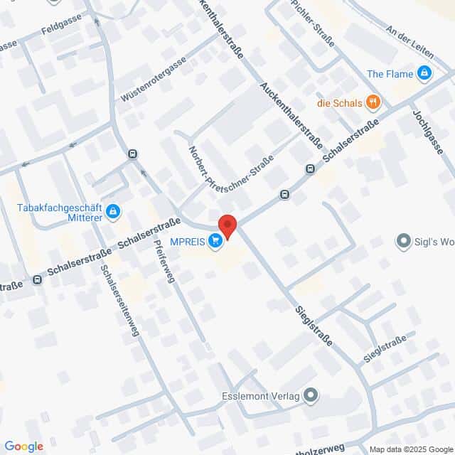 Lehrlingsportal.at Eine Karte, die Straßen und Orte in einem Viertel zeigt, mit einer roten Stecknadel, die einen Ort in der Nähe der Schalerstraße und Norbert-Pfeiffer-Straße markiert. Die nahegelegenen Geschäfte und Sehenswürdigkeiten sind beschriftet.