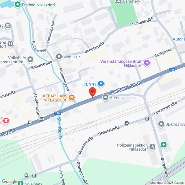 Lehrlingsportal.at Die Karte zeigt einen Ausschnitt von Niklasdorf, Österreich, mit Geschäften wie PENNY, KEBAP HAUS NIKLASDORF und lokalen Straßen wie Leobner Straße und Schulstraße.