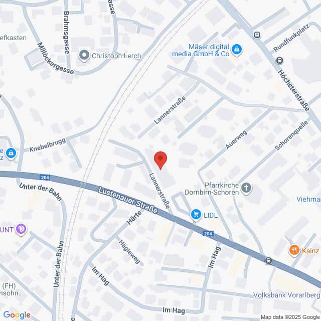 Lehrlingsportal.at Die Karte zeigt einen Ausschnitt von Dornbirn, Österreich, mit einer roten Standortnadel in der Lannerstraße in der Nähe der Lustenauer Straße. Verschiedene Straßen, Geschäfte und Wahrzeichen sind beschriftet.