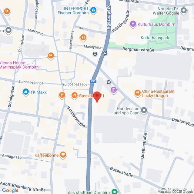 Lehrlingsportal.at Karte eines Ausschnitts von Dornbirn, Österreich, mit Hervorhebung der Lage in der Nähe von Steakhäusle und Europapassage, mit Beschriftung der nahe gelegenen Straßen und Sehenswürdigkeiten.