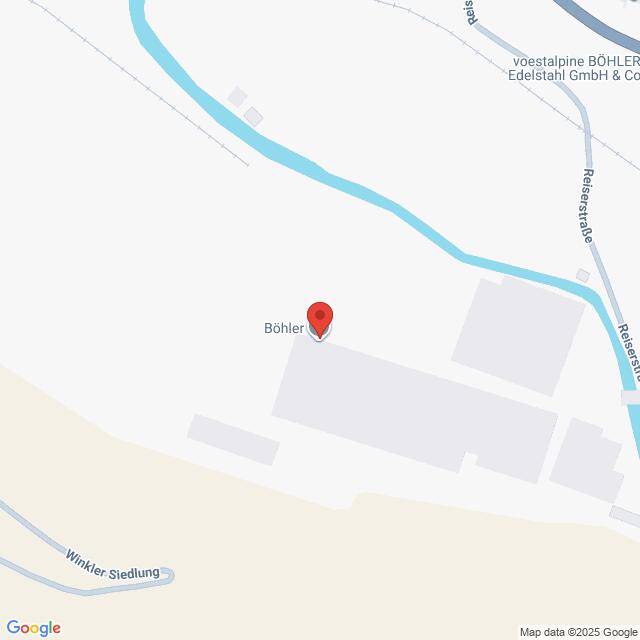 Lehrlingsportal.at Eine Karte zeigt die Lage von Böhler, markiert durch eine rote Stecknadel, in der Nähe eines Kanals und des Gebiets Winkler Siedlung. Zu den nahe gelegenen Straßen gehören die Reietstraße und die Reietstraße O.