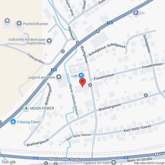 Lehrlingsportal.at Eine digitale Karte zeigt einen Ausschnitt von Kapfenberg, Österreich, mit einer Markierung in der Matthiasldorfer-Gasse in der Nähe von Lidl und einer Beschriftung der umliegenden Straßen.