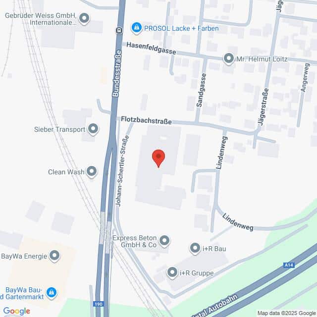 Lehrlingsportal.at Karte der Gegend um die Flotzbachstraße mit Beschriftung der umliegenden Straßen und Geschäfte, einschließlich Bundesstraße und Lindenweg. Die Flotzbachstraße ist mit einer roten Standortmarkierung versehen.