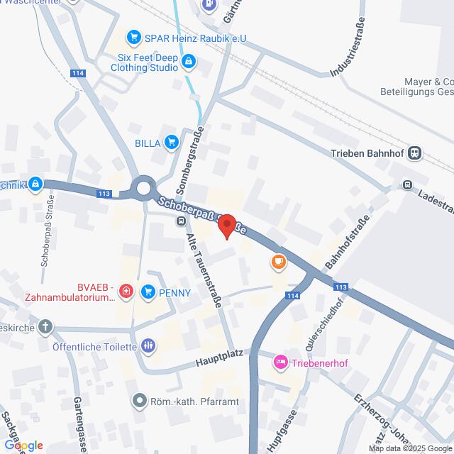 Lehrlingsportal.at Karte der Kreuzung Schoberpassstraße und Bahnhofstraße in der Nähe des Triebener Bahnhofs in Trieben, Österreich, mit Markierung der umliegenden Geschäfte und Einrichtungen.