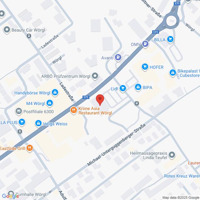 Lehrlingsportal.at Eine Kartenansicht zeigt die Lage des Krone Asia Restaurant Wörgl, umgeben von nahegelegenen Geschäften und Straßen in Wörgl, Österreich.