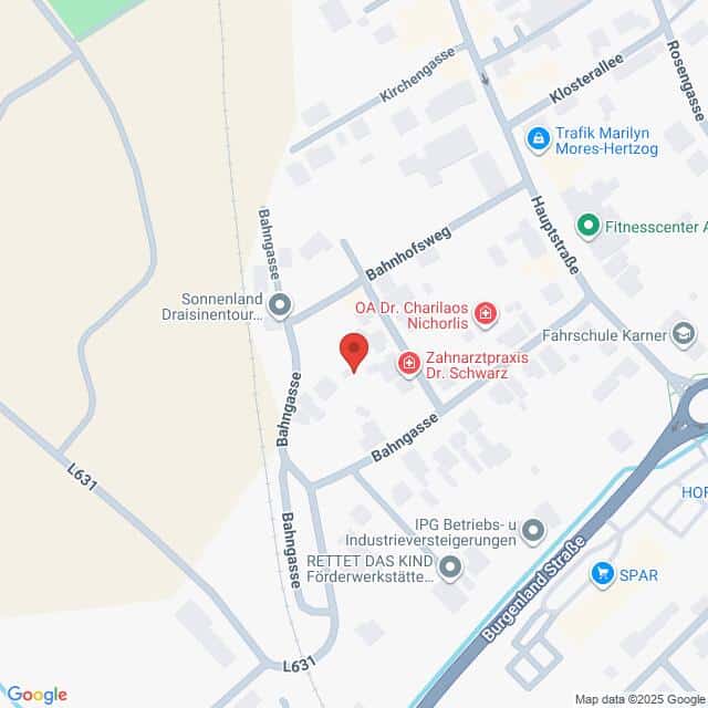 Lehrlingsportal.at Karte mit Standort der Zahnarztpraxis Dr. Schwarz und OA Dr. Charilaos Nichorlis in der Bahngasse in einer Kleinstadt, mit Beschriftung der umliegenden Straßen und Geschäfte.