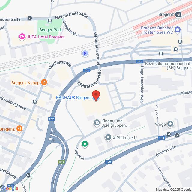Lehrlingsportal.at Eine digitale Karte, die die Lage des BAUHAUS Bregenz in der Nähe der Mehrerauerstraße und der Quellenstraße zeigt, mit Beschriftung der umliegenden Sehenswürdigkeiten und Straßen.