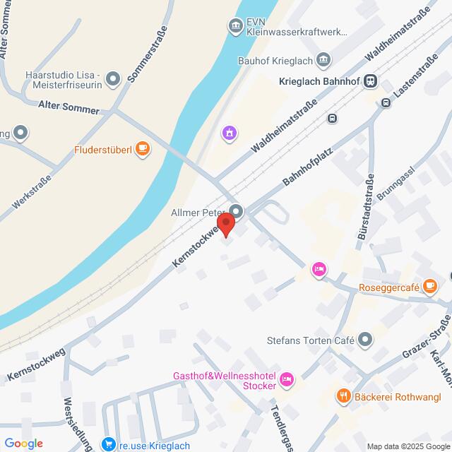 Lehrlingsportal.at Eine digitale Karte zeigt einen Ausschnitt von Krieglach, Österreich, mit Straßen, Geschäften und einer roten Standortmarkierung am Kernstockweg in der Nähe des Flusses.