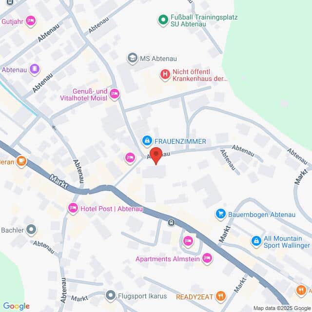 Lehrlingsportal.at Eine Kartenansicht eines zentralen Bereichs in Abtenau, Österreich, die Orte wie Frauenzimmer, Hotel Post und die umliegenden Straßen und Geschäfte hervorhebt.