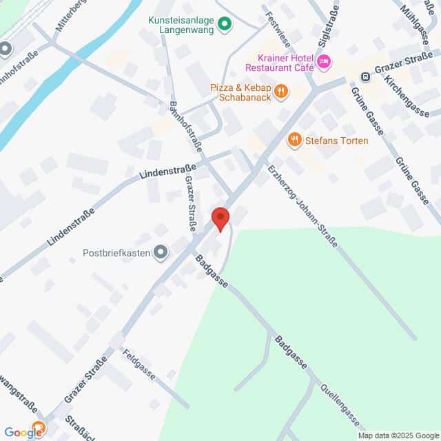 Lehrlingsportal.at Eine Karte mit einer zentralen roten Standortmarkierung in der Badgasse, die nahegelegene Straßen wie die Lindenstraße und die Grazer Straße kreuzt, mit Beschriftung der örtlichen Geschäfte und Sehenswürdigkeiten.