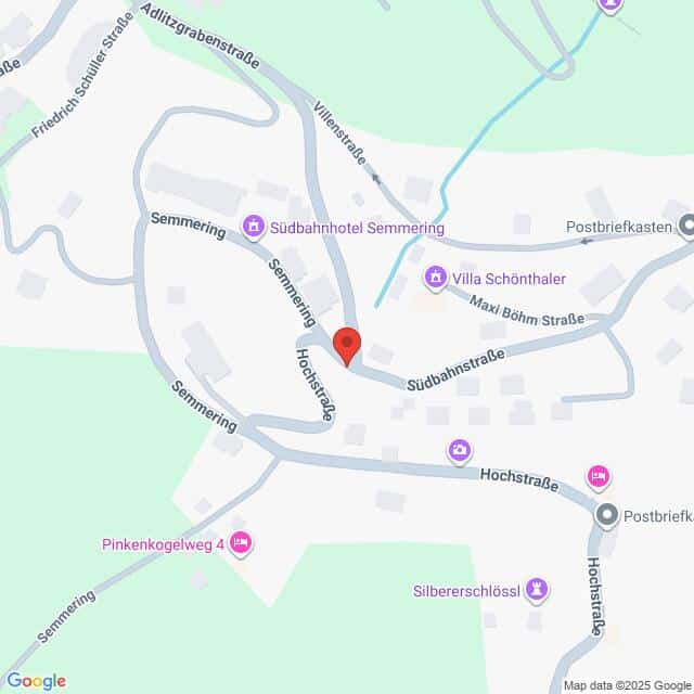 Lehrlingsportal.at Eine Karte mit sich kreuzenden Straßen in Semmering, Österreich, mit einer roten Standortmarkierung in der Nähe der Südbahnstraße und der Semmeringstraßen, umgeben von lokalen Sehenswürdigkeiten und Gebäuden.