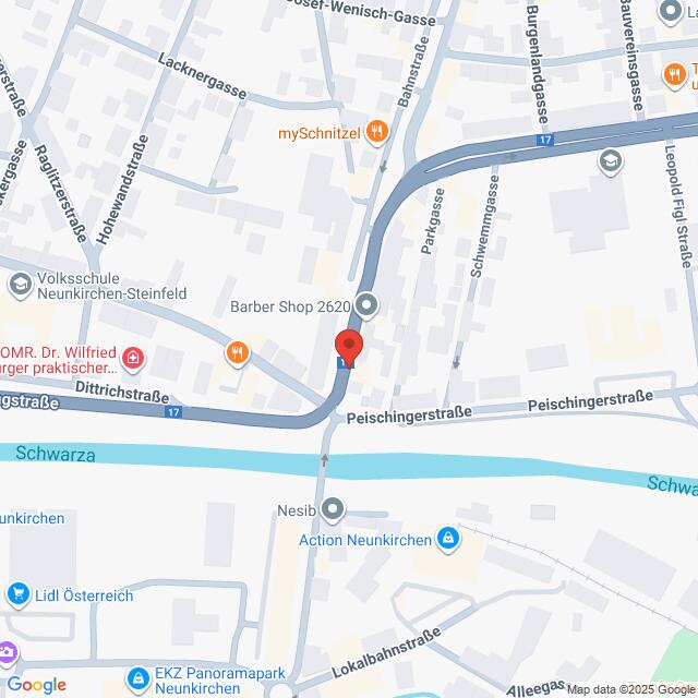 Lehrlingsportal.at Karte der Kreuzung von Peischingerstraße und Dittichstraße in der Nähe der Schwarza in Neunkirchen, Österreich, mit Beschriftung der nahe gelegenen Geschäfte und Sehenswürdigkeiten.