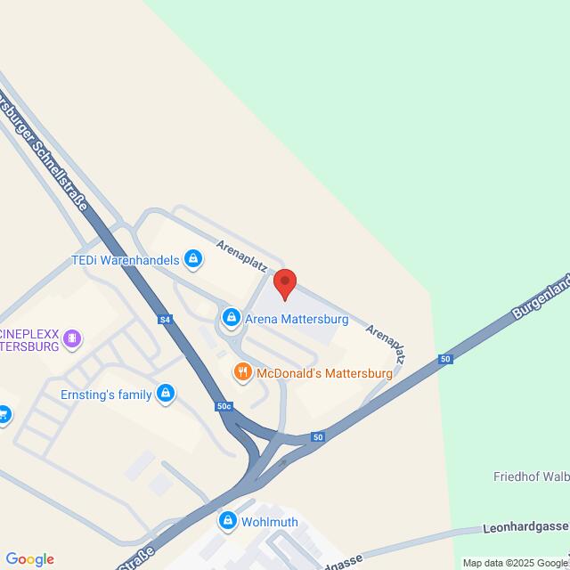 Lehrlingsportal.at Karte mit der Lage der Arena Mattersburg, McDonald's Mattersburg und nahegelegenen Geschäften in der Nähe der Kreuzung Arenaplatz und Burgenland Straße 50 in Mattersburg, Österreich.