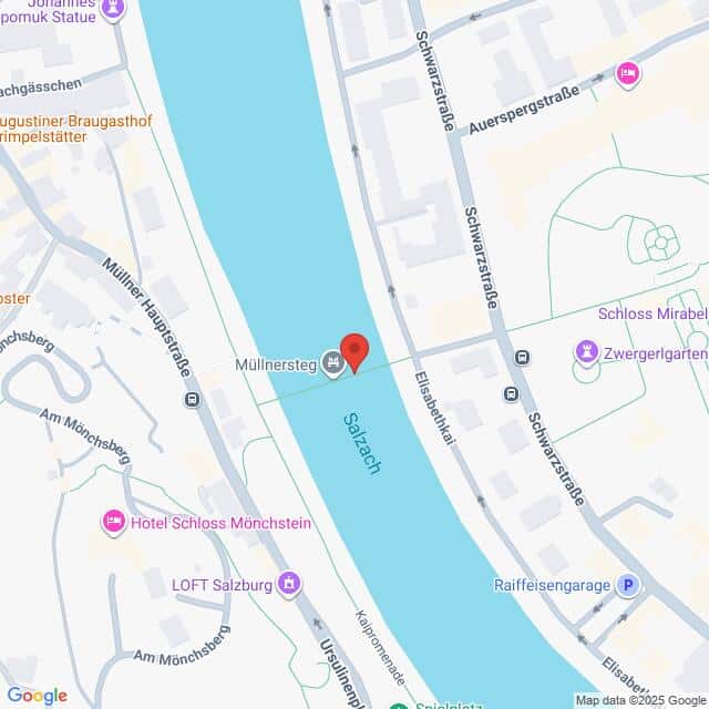 Lehrlingsportal.at Karte mit der Lage der Müllnersteg-Brücke über die Salzach in Salzburg, Österreich, mit Beschriftung der umliegenden Straßen und Sehenswürdigkeiten.
