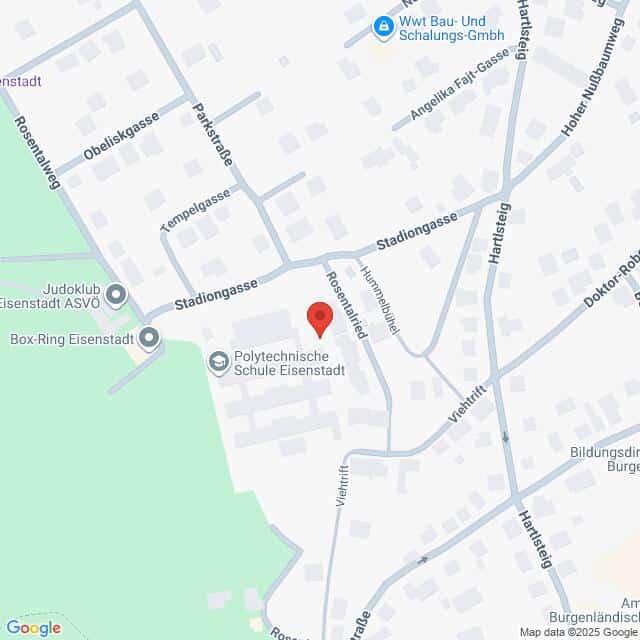 Lehrlingsportal.at Eine Karte mit der Lage der Polytechnischen Schule Eisenstadt, markiert mit einer roten Stecknadel, umgeben von nahegelegenen Straßen und Unternehmen in Eisenstadt.