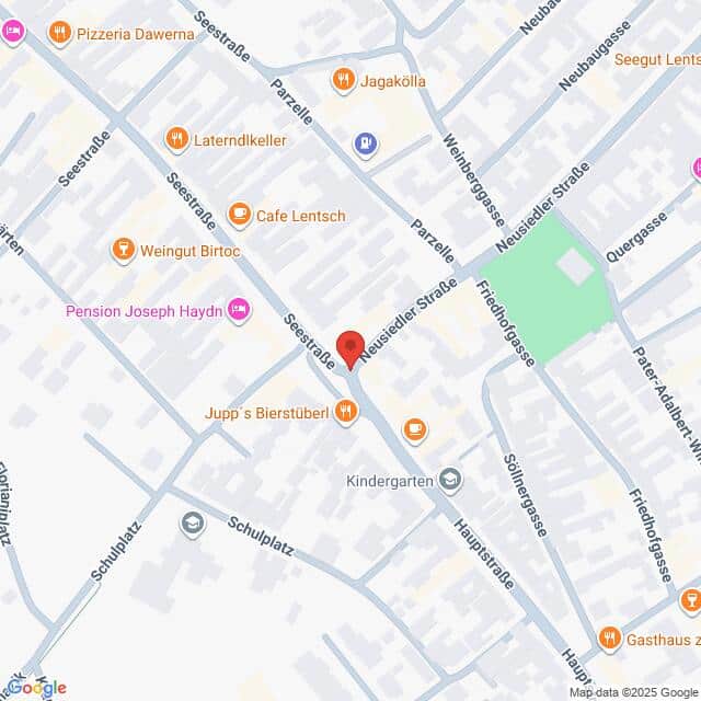 Lehrlingsportal.at Eine Karte mit Straßen und Orten in einer Stadt, wobei eine rote Stecknadel eine bestimmte Stelle in der Nähe der Seestraße und der Neugestalter Straße markiert. Mehrere Geschäfte und Sehenswürdigkeiten sind beschriftet.
