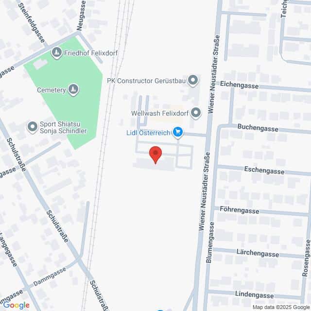 Lehrlingsportal.at Eine Karte, die den Standort von Lidl Österreich in der Nähe der Wiener Neustädter Straße zeigt, wobei nahe gelegene Straßen und ein Friedhof eingezeichnet sind.