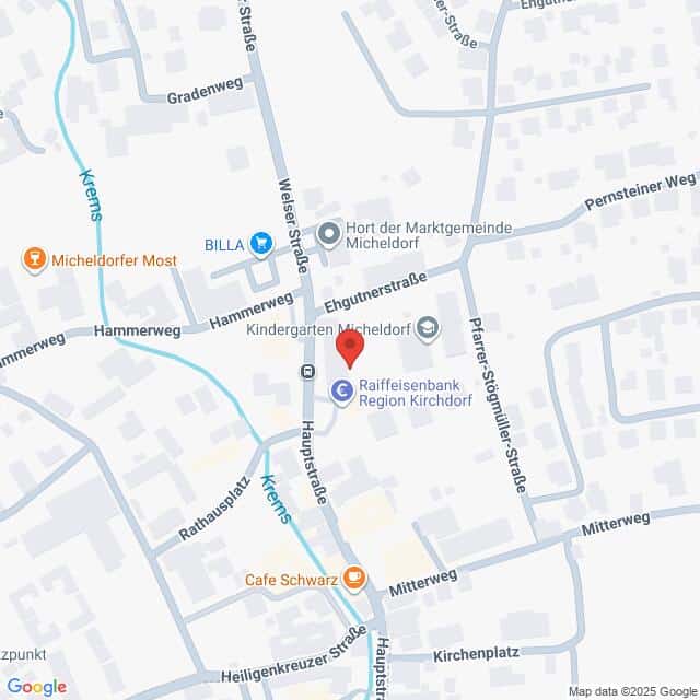 Lehrlingsportal.at Eine detaillierte Karte mit Straßen und Geschäften in Michelndorf, Österreich, mit einer Markierung auf der Hauptstraße in der Nähe der Raiffeisenbank und den Standorten der Cafés.