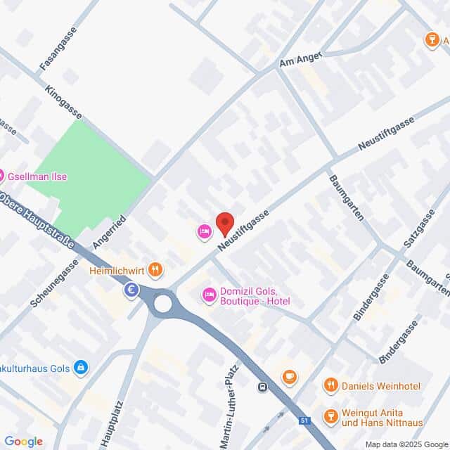 Lehrlingsportal.at Karte der Kreuzung Neustiftgasse und Angergasse in Gols, Österreich, mit Markierung der nahegelegenen Restaurants, Hotels und anderen interessanten Punkten.