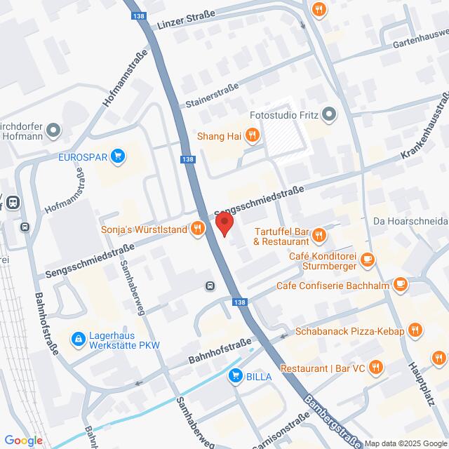 Lehrlingsportal.at Karte, die einen Abschnitt der Linzer Straße und der Bahnhofstraße mit nahegelegenen Geschäften, Restaurants und Sehenswürdigkeiten in Steyr, Österreich, markiert.