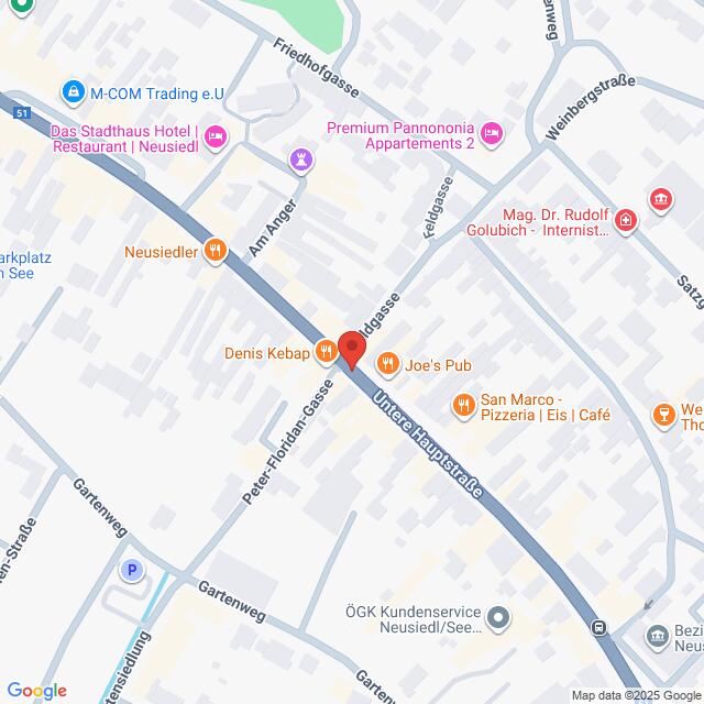 Lehrlingsportal.at Die Karte zeigt einen Abschnitt von Neusiedl mit Restaurants, einem Hotel, Arztpraxen und anderen Geschäften entlang der Unteren Hauptstraße und den umliegenden Straßen.