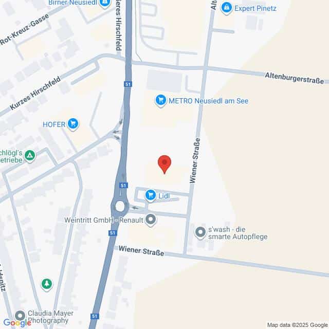 Lehrlingsportal.at Karte mit der Lage einer Lidl-Filiale in der Wiener Straße in Neusiedl am See, Österreich, mit Beschriftung der umliegenden Geschäfte und Straßen.