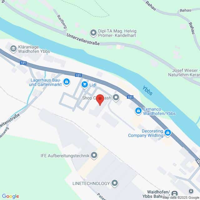 Lehrlingsportal.at Die Karte zeigt einen Ausschnitt von Waidhofen an der Ybbs, Österreich, und hebt Orte wie Lidl, Shop & Wash und den Fluss Ybbs hervor.