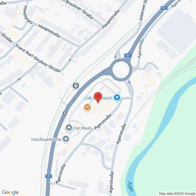 Lehrlingsportal.at Eine digitale Karte mit Straßen, einem Kreisverkehr, einem Fluss und Orten wie Lidl, einer Autowaschanlage und einem Restaurant in der Nähe der Agerstraße in Österreich.