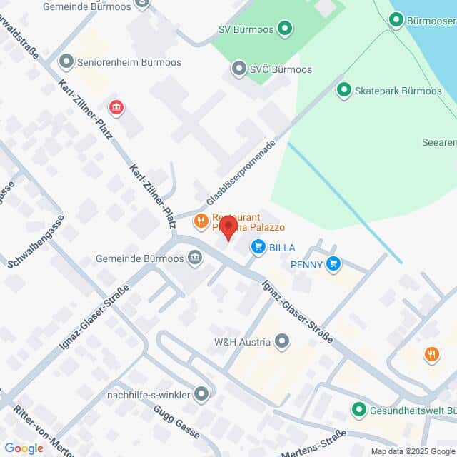 Lehrlingsportal.at Kartenansicht eines Abschnitts in Bürmoos, Österreich, mit Straßen, lokalen Geschäften, Lebensmittelläden, einem Restaurant sowie Parks und Dienstleistungen in der Nähe.