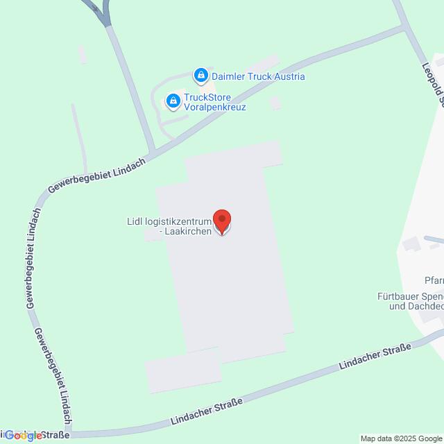 Lehrlingsportal.at Karte mit der Lage des Lidl-Logistikzentrums in Laakirchen, Österreich, in der Nähe der Lindacher Straße und des Gewerbegebiets Lindach. Nahe gelegene Wahrzeichen sind Daimler Truck Austria und TruckStore Voralpenkreuz.