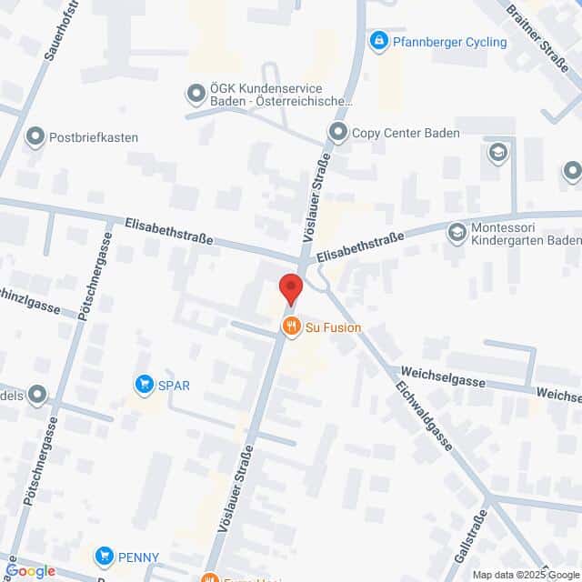 Lehrlingsportal.at Karte der Kreuzung Vöslauer Straße und Elisabethstraße in Baden, Österreich, mit Beschriftung der umliegenden Geschäfte und Sehenswürdigkeiten.