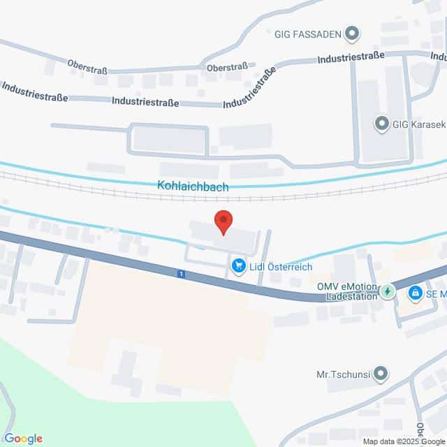 Lehrlingsportal.at Die Karte zeigt einen mit einer roten Stecknadel markierten Standort in der Nähe von Kohlaichbach, in der Nähe einer Filiale von Lidl Österreich und der OMV eMotion Ladestation in einem Industriegebiet.