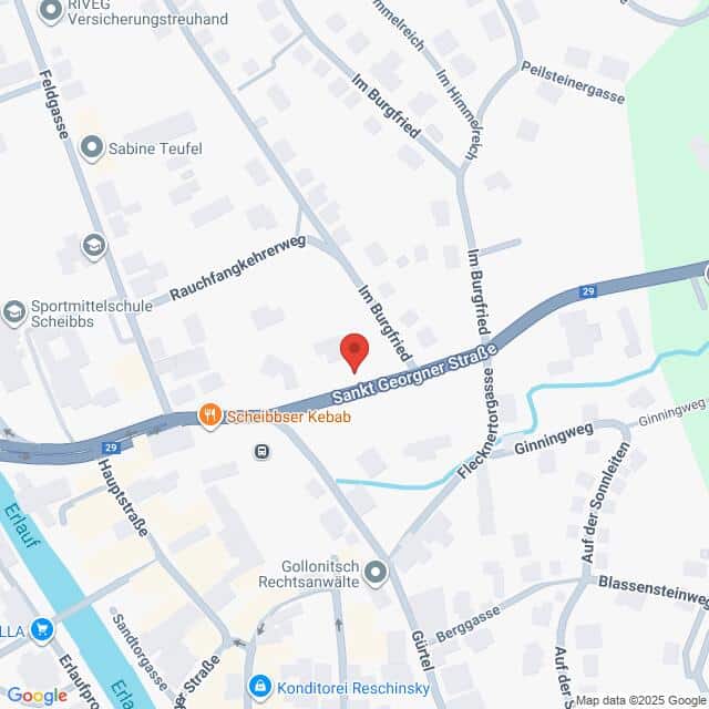 Lehrlingsportal.at Eine Karte, die einen Abschnitt der Sankt Georgener Straße in Scheibbs, Österreich, zeigt, mit nahegelegenen Straßen und Wahrzeichen. Eine rote Stecknadel markiert eine bestimmte Stelle auf der Karte.