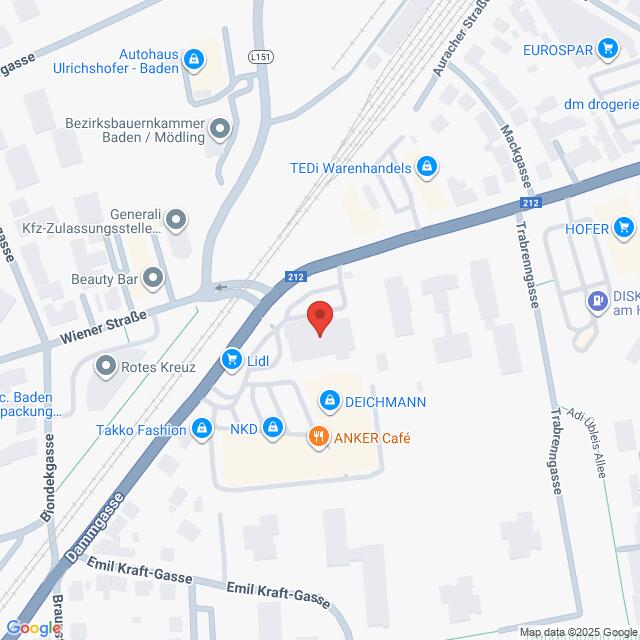 Lehrlingsportal.at Die Karte zeigt einen Ausschnitt von Baden, Österreich, und hebt Standorte wie Lidl, DEICHMANN, Takko Fashion und ANKER Café entlang der Wiener Straße und in der Nähe der Emil Kraft-Gasse hervor.