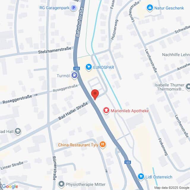 Lehrlingsportal.at Die Karte zeigt einen Ausschnitt von Bad Hall, Österreich, mit eingezeichneten Straßen, Geschäften und Sehenswürdigkeiten wie Marienlieb Apotheke, EUROSPAR und Lidl Österreich.