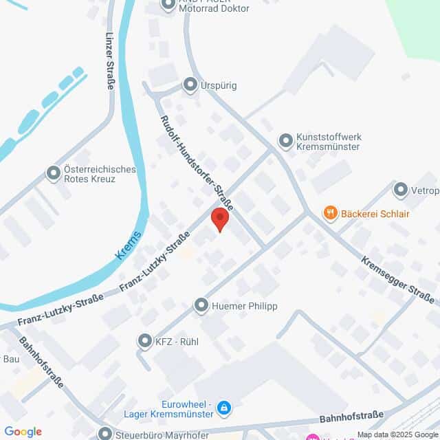 Lehrlingsportal.at Eine digitale Karte, die das Gebiet um die Rudolf-Hunsdorfer-Straße in Kremsmünster, Österreich, zeigt, mit Beschriftung der umliegenden Geschäfte und Straßen.