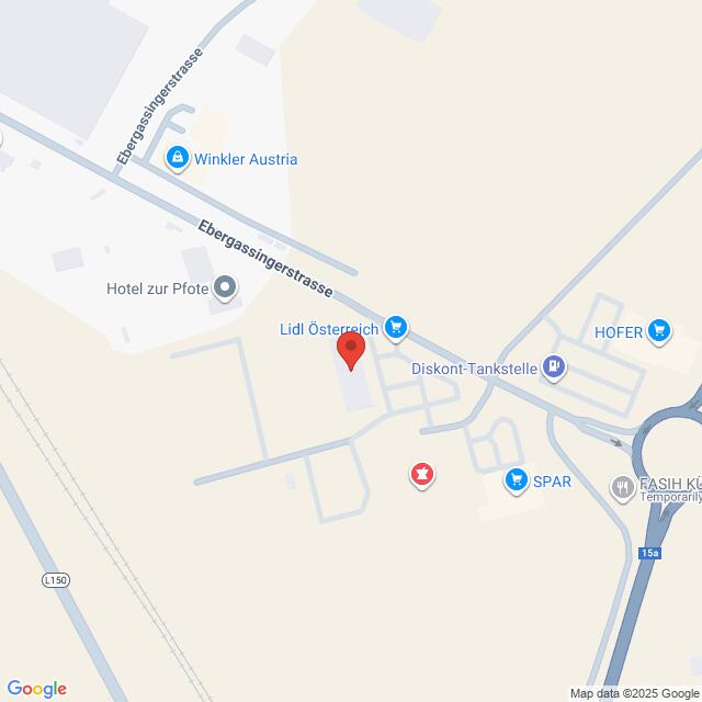 Lehrlingsportal.at Karte mit der Lage von Lidl Österreich in der Ebergassingergstraße, in der Nähe von Hotel zur Pfote, Diskont-Tankstelle, HOFER, und SPAR in Österreich.