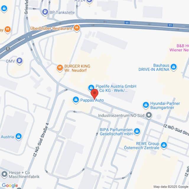 Lehrlingsportal.at Eine Kartenansicht mit Unternehmen wie Burger King, Pipeline Austria GmbH, Pappas Auto und REWE Group im Industriezentrum NÖ-Süd in Wiener Neudorf, Österreich.