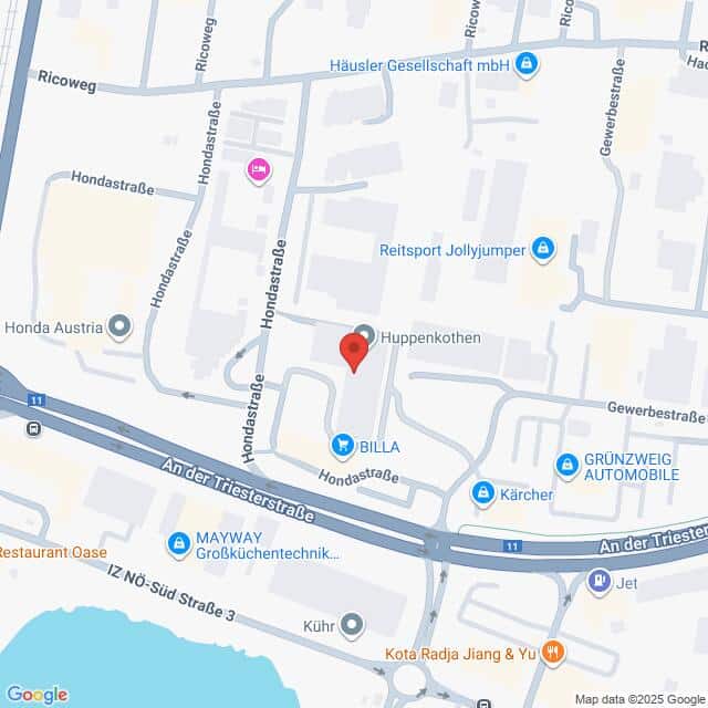 Lehrlingsportal.at Digitale Karte, die einen Stadtausschnitt mit Straßennamen, lokalen Geschäften und einer roten Standortmarkierung in der Nähe von Huppenkothen in der Hondastraße zeigt.