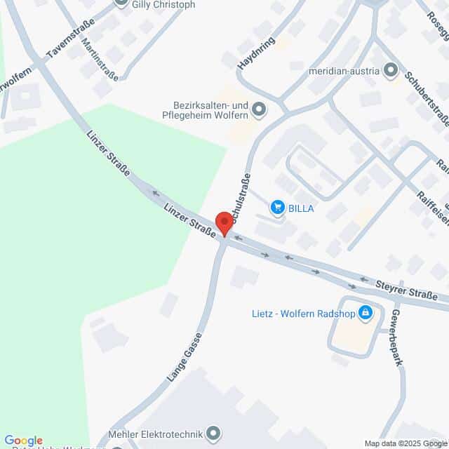 Lehrlingsportal.at Karte der Kreuzung von Linzer Straße, Bahnhofstraße und Steyrer Straße in Wolfern, Österreich, mit Markierung der umliegenden Orte.