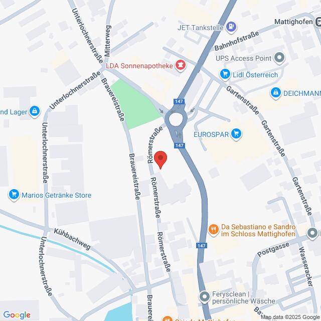 Lehrlingsportal.at Karte eines Teils von Mattighofen, Österreich, mit beschrifteten Straßen, Geschäften und Sehenswürdigkeiten, einschließlich Apotheken, Geschäften und Haltestellen.