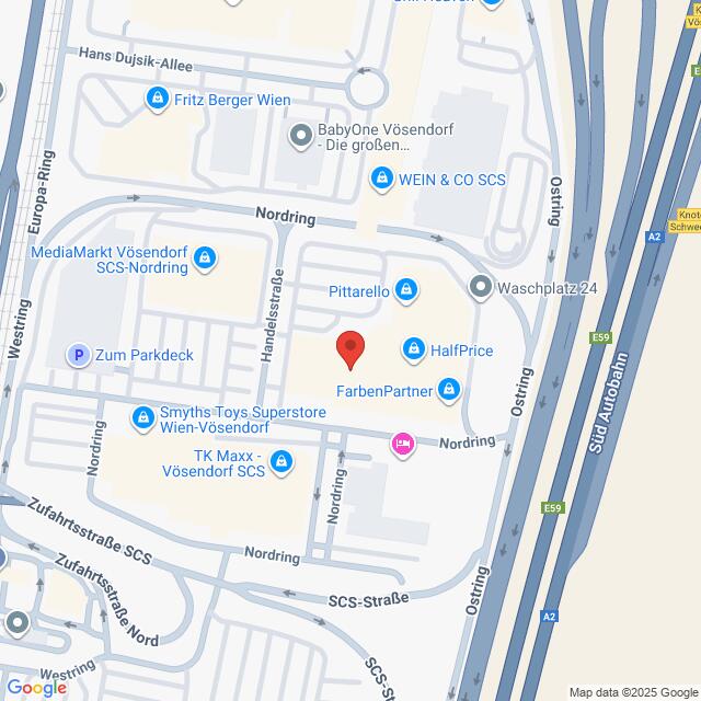Lehrlingsportal.at Eine Karte mit der Lage von FarbenPartner in Vösendorf, Österreich, mit Markierung der umliegenden Unternehmen und Straßen.