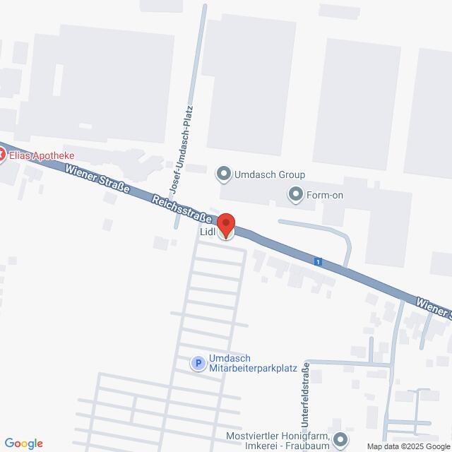 Lehrlingsportal.at Karte, die den Standort einer Lidl-Filiale in der Wiener Straße zeigt, mit Beschriftung der umliegenden Straßen, Geschäfte und Parkplätze.
