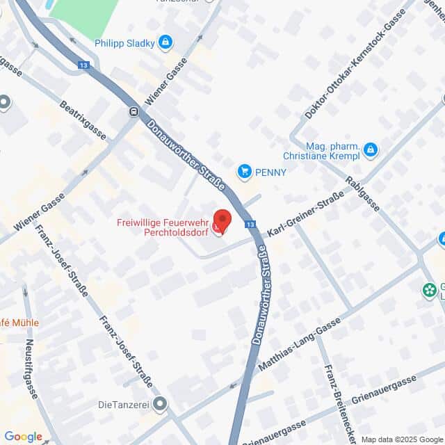 Lehrlingsportal.at Eine Karte, die die Lage der Freiwilligen Feuerwehr Perchtoldsdorf an der Donauwörther Straße zeigt, mit Beschriftung der umliegenden Straßen und Sehenswürdigkeiten.